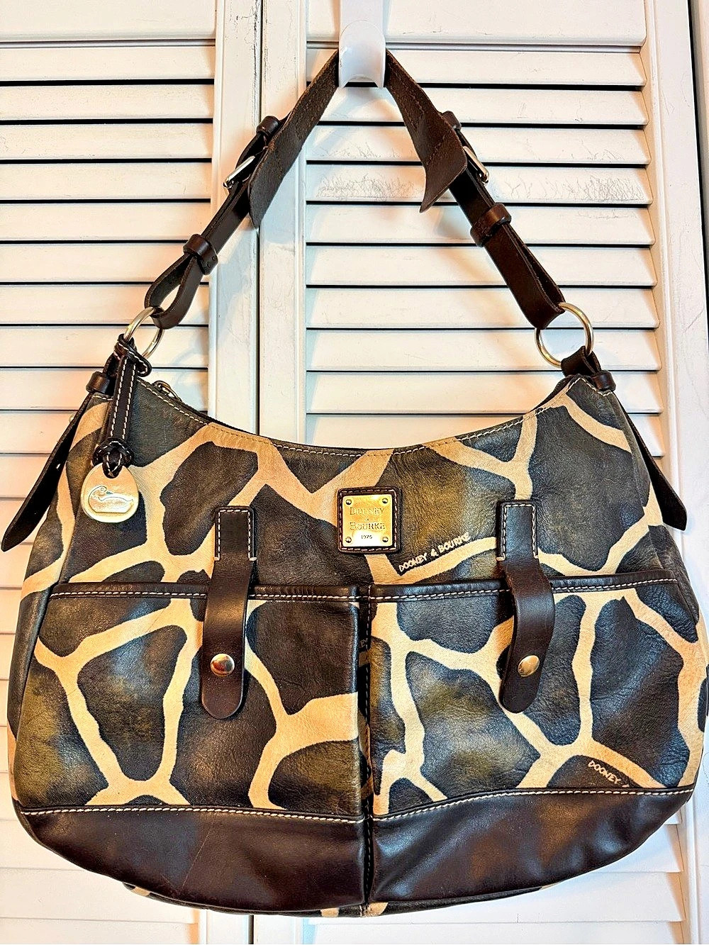 Dooney & Bourke Giraffe Print Hobo Shoulder Bag Brown Black Leather Y2K Animal